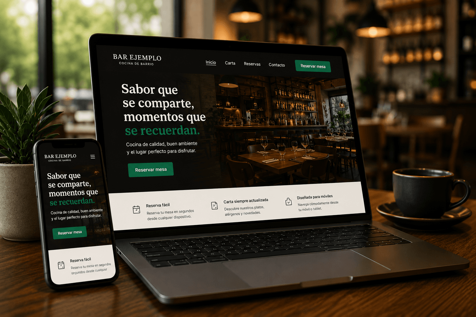 Web de Bar Ejemplo mostrada en portátil y móvil