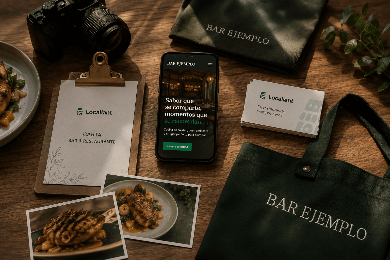 Carta física, fotografía de platos, tarjetas y bolsa de tela personalizadas para Bar Ejemplo, junto al móvil con la web