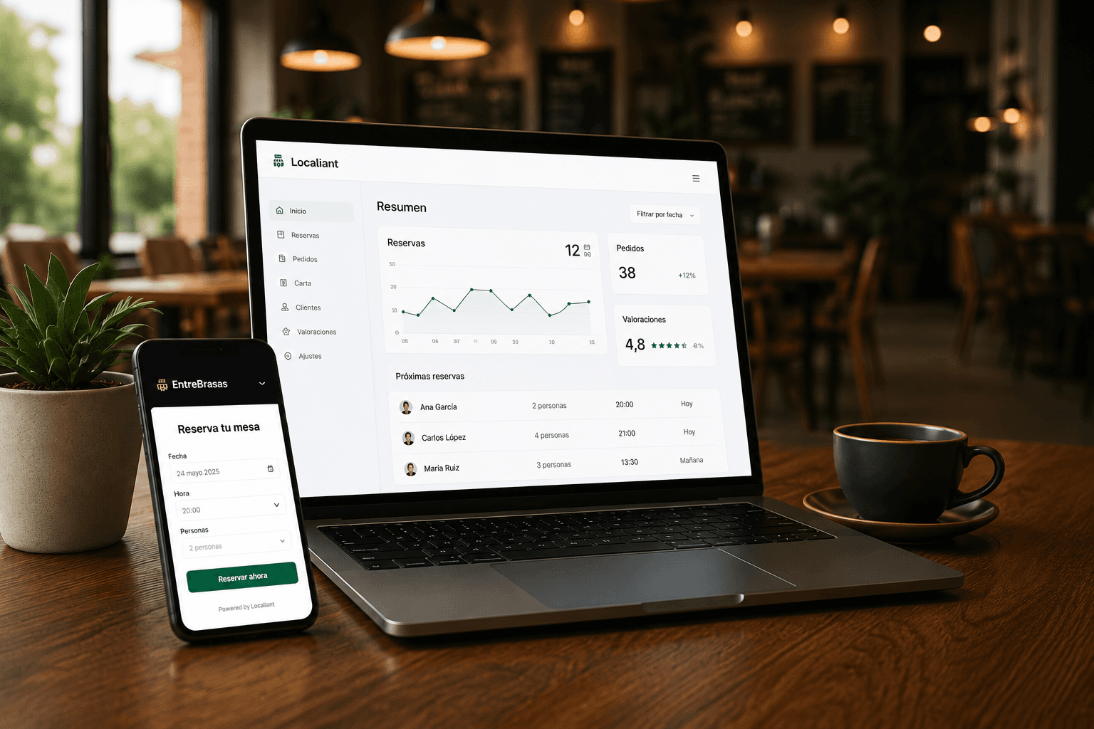 Panel de gestión de Localiant en portátil y web de reservas en móvil para un restaurante